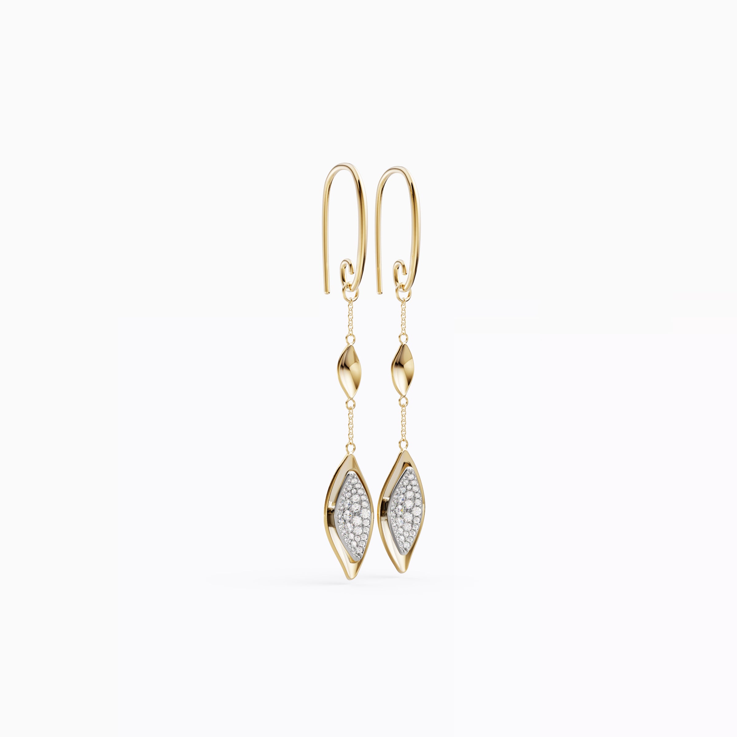 Boucles d'oreilles pendantes en forme de feuille, inspirées par la nature, en or 18 carats et platine.