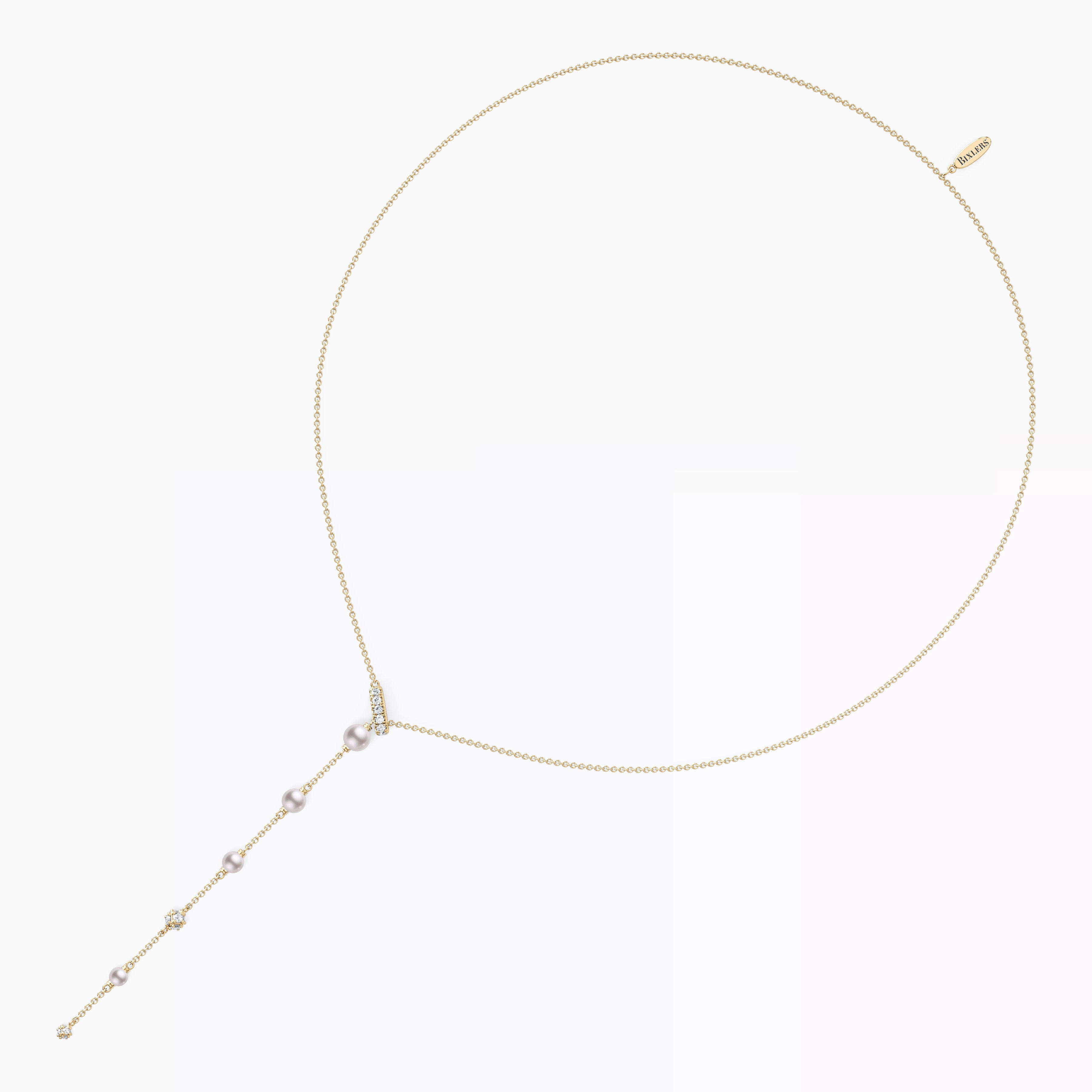 Fresh Water Graduated Pearl & Diamond Drop Necklace | 14K Gold
