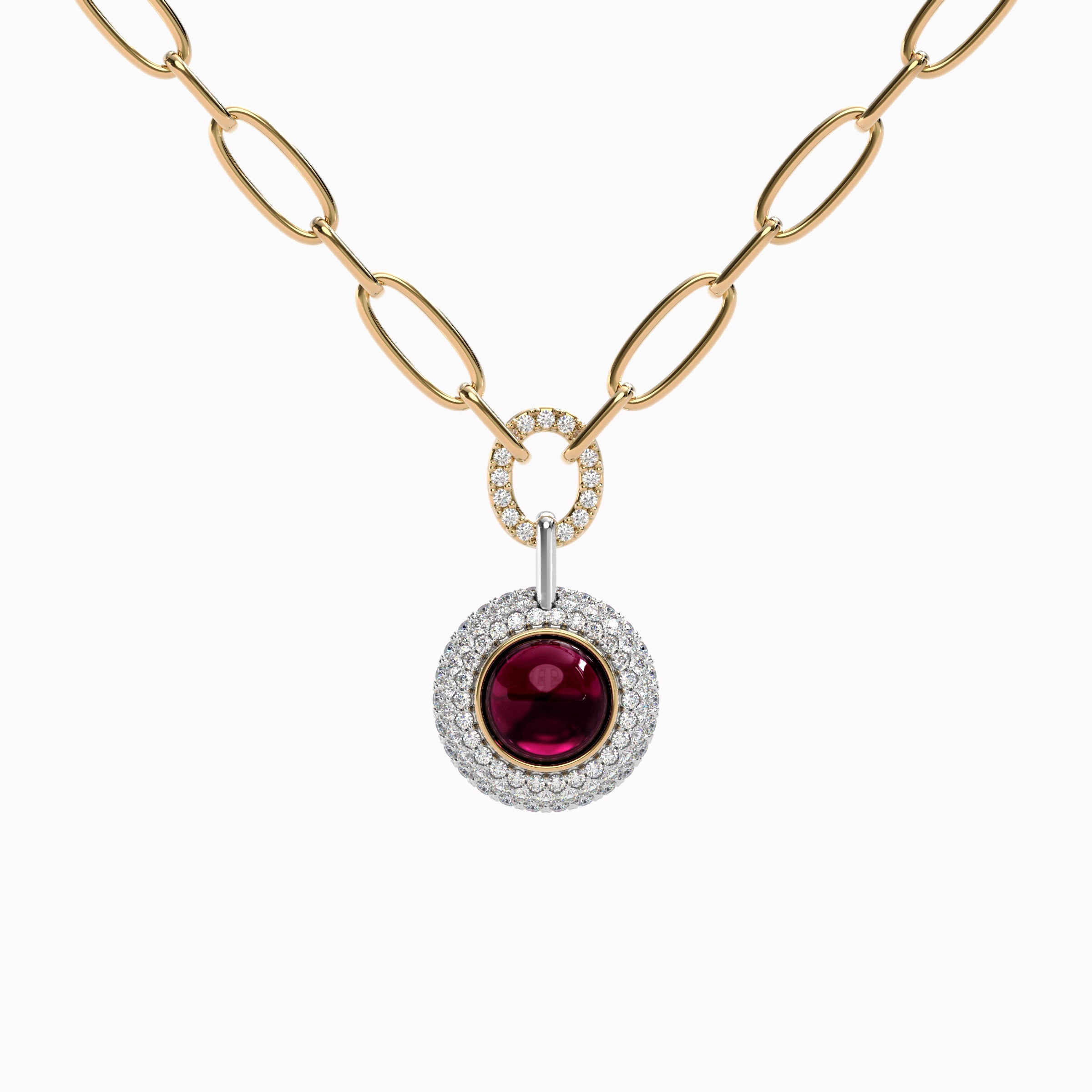 Collier en rhodolite serti d'un halo de diamants bombés | Or 18 carats et platine