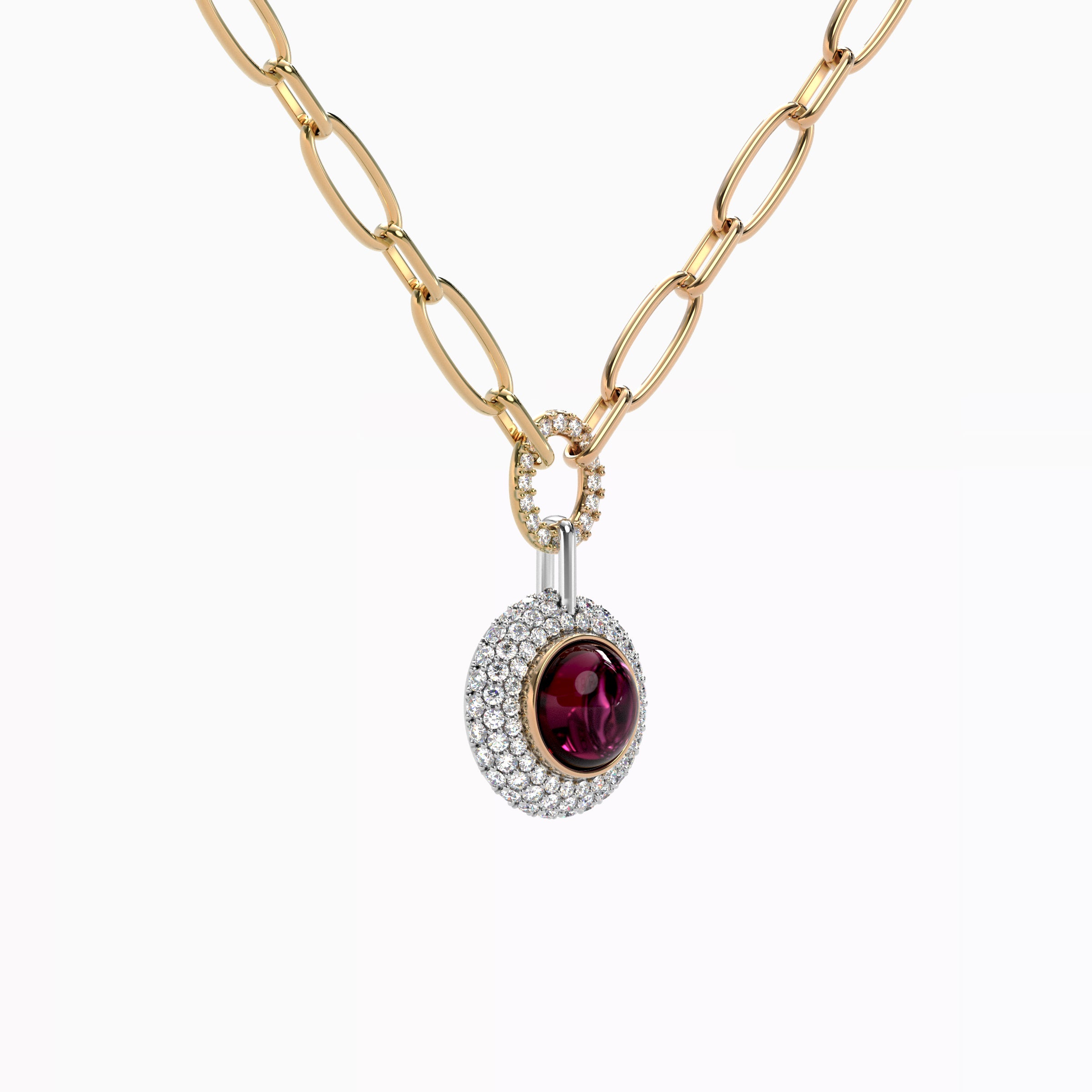Puffed Diamond Halo Rhodolite Necklace | 18K Gold and Platinum