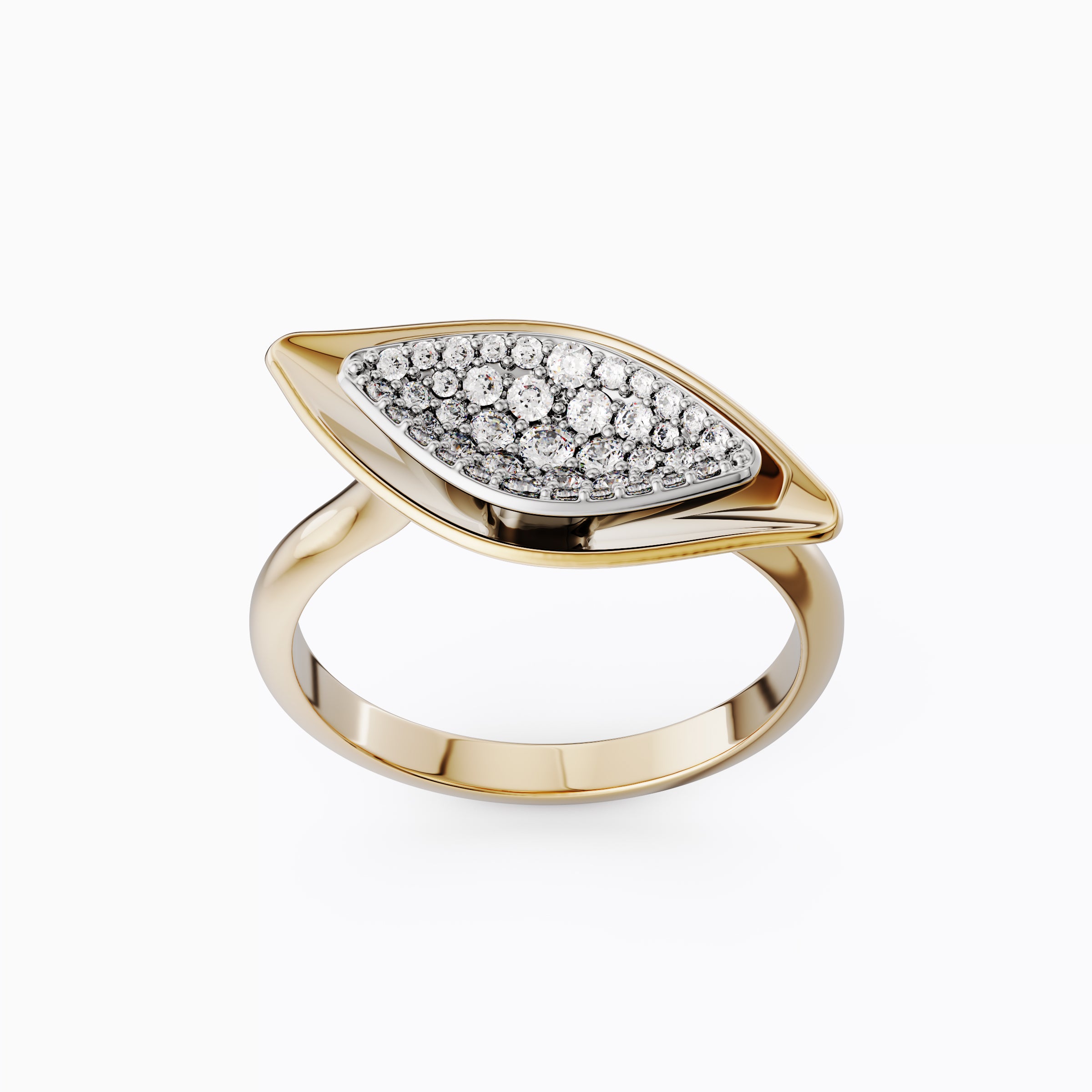 Bague bicolore en or 18 carats et platine, inspirée par la nature et sertie de diamants.