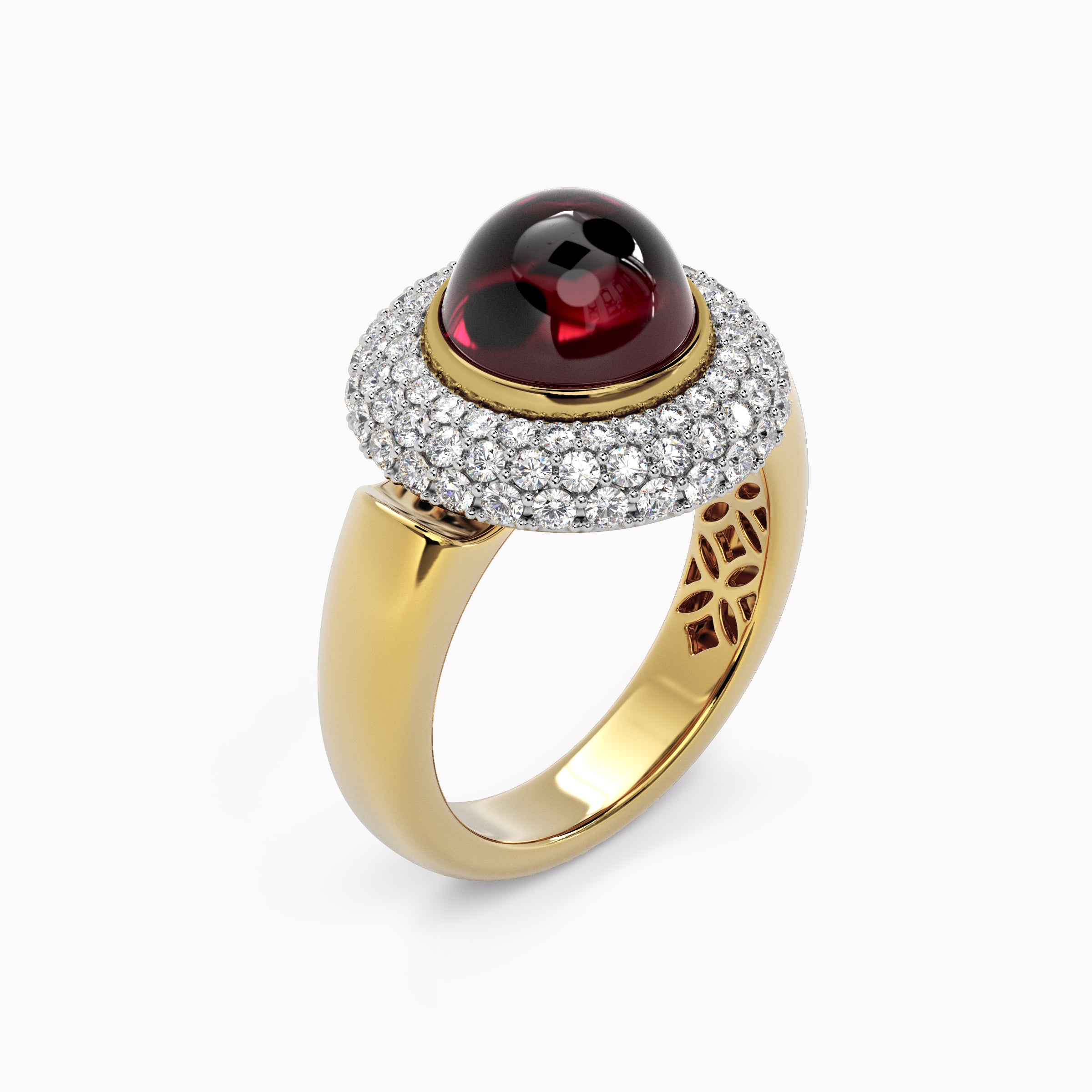 Bague en rhodolite sertie d'un halo de diamants bombés | Or 18 carats et platine