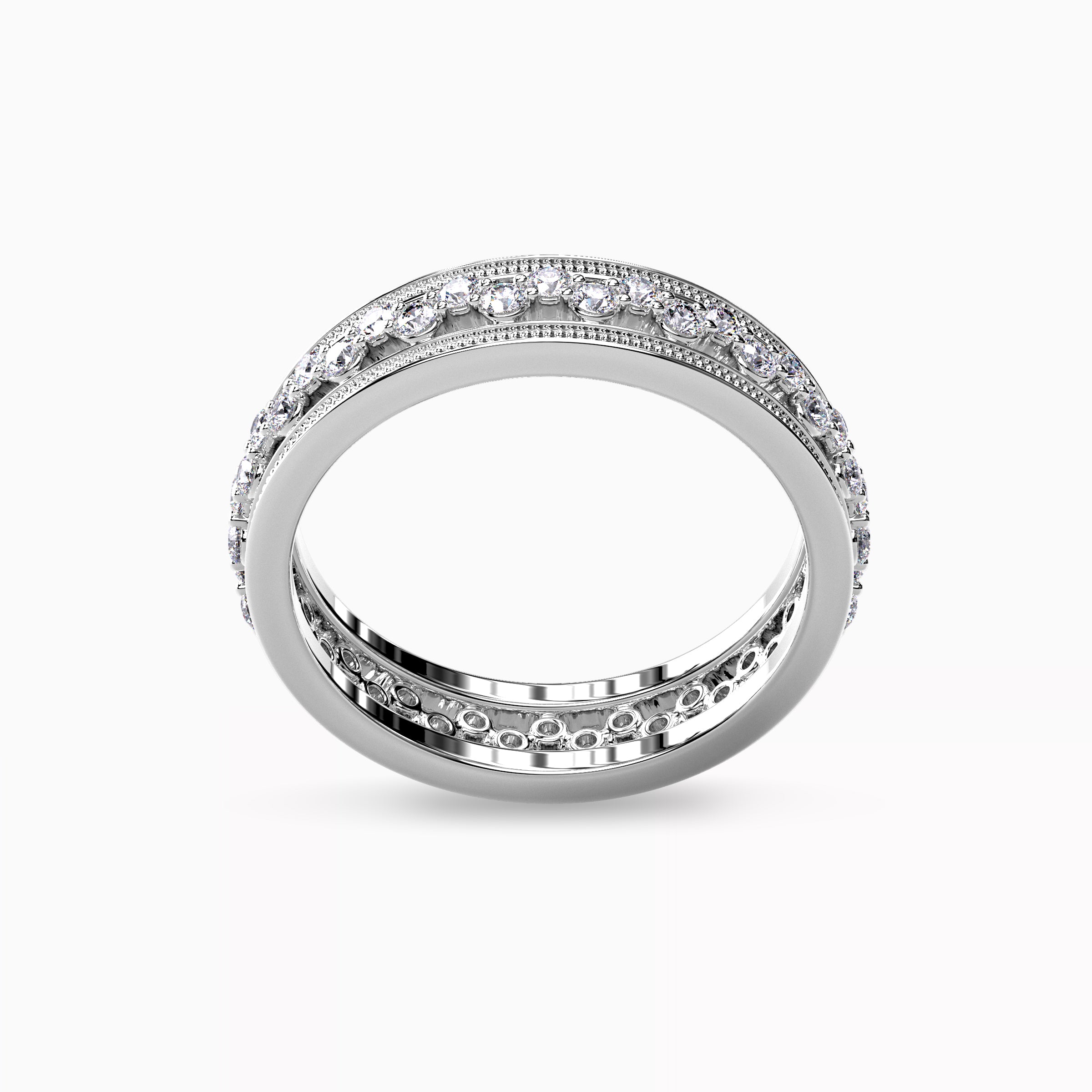 Alliance asymétrique en platine avec diamants et finition millegrain
