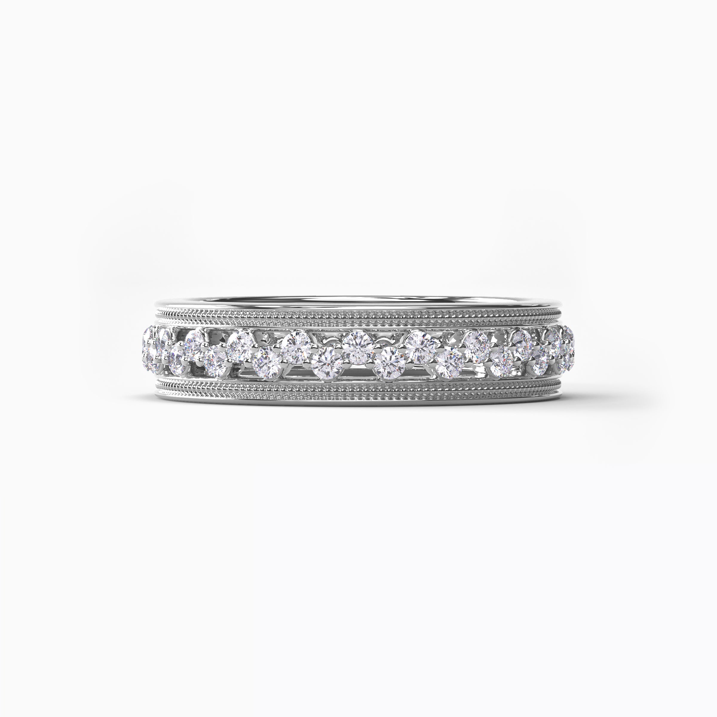 Alliance asymétrique en platine avec diamants et finition millegrain