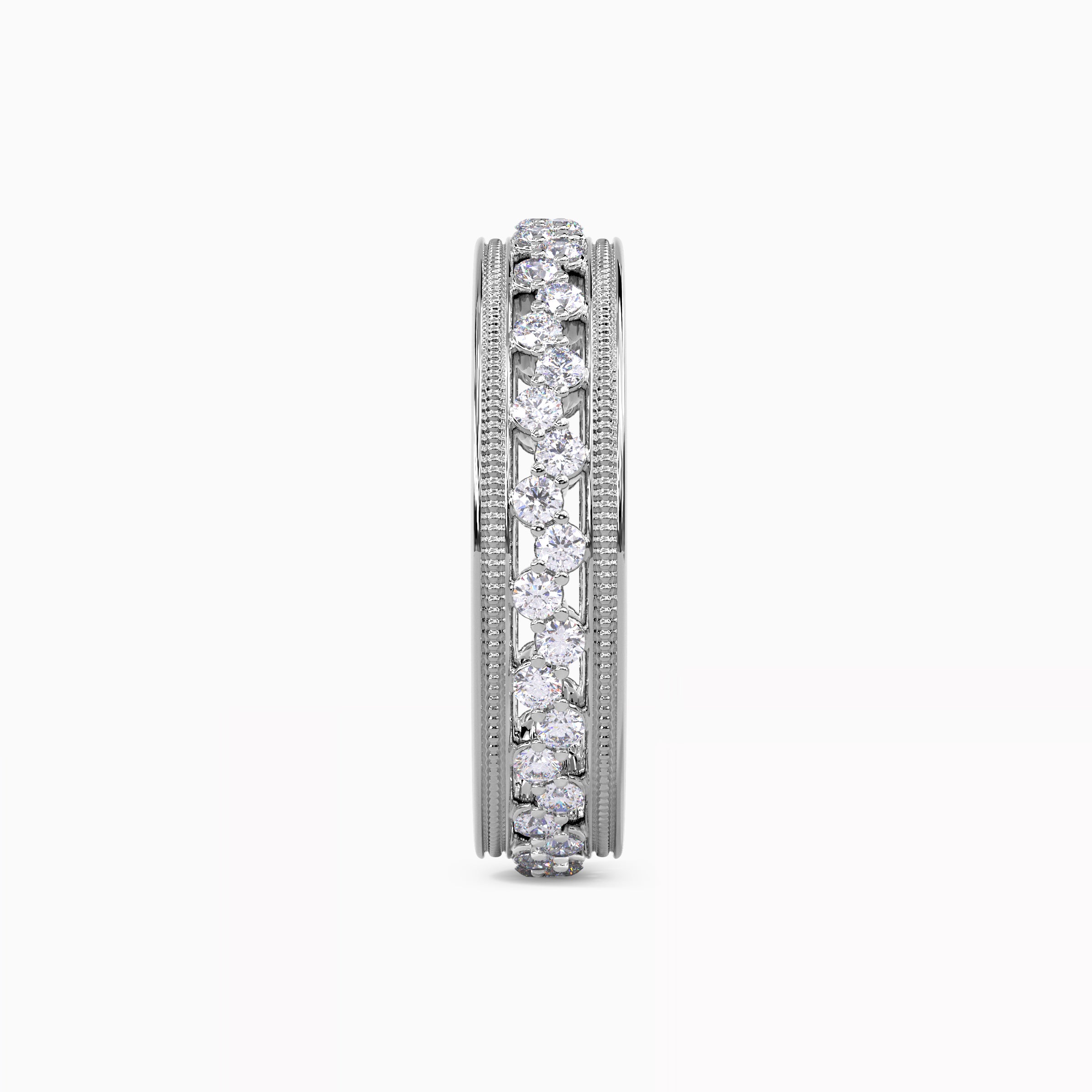 Alliance asymétrique en platine avec diamants et finition millegrain