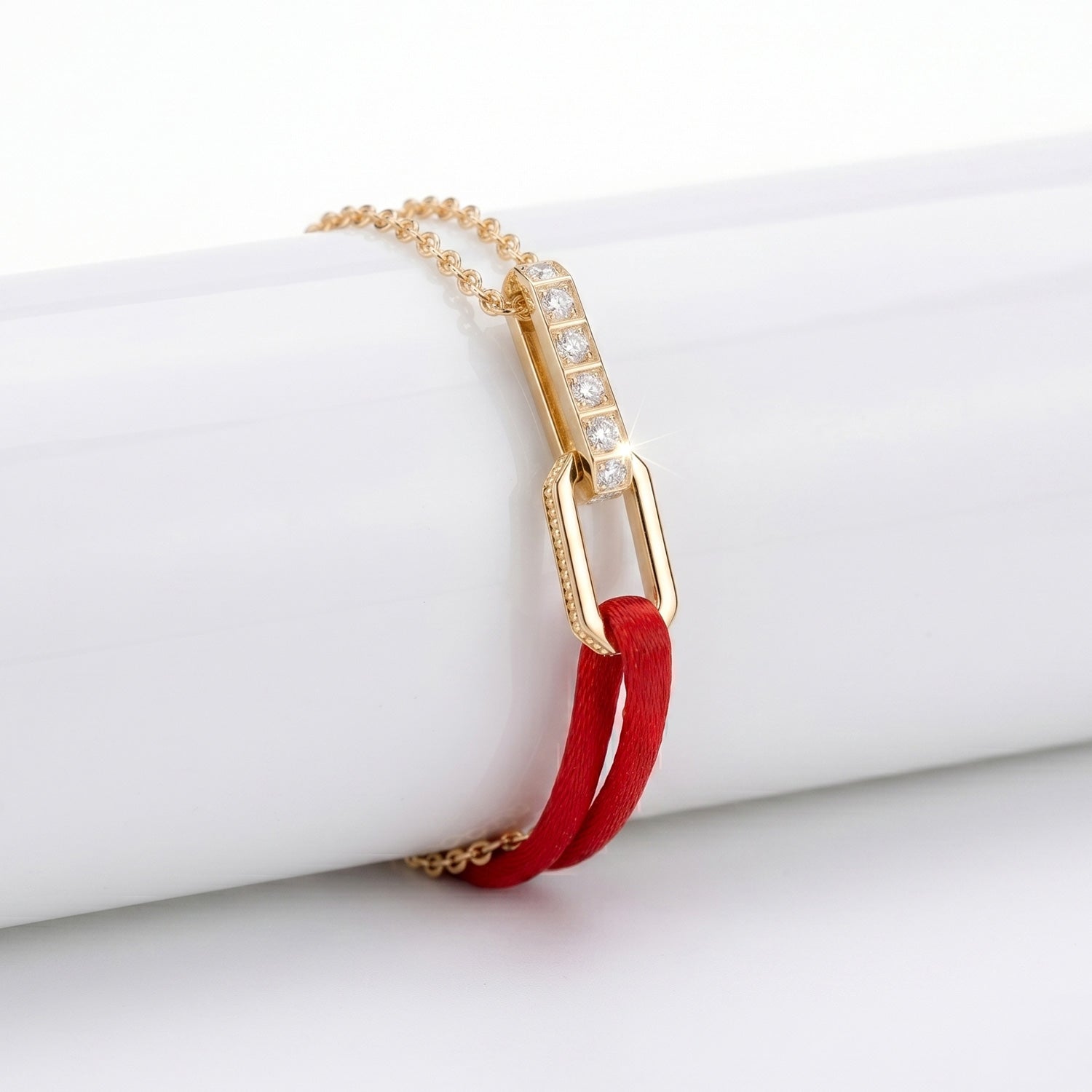 Gold Chain with Red Satin Lanyard Bracelet 18K Gold | Diamonds