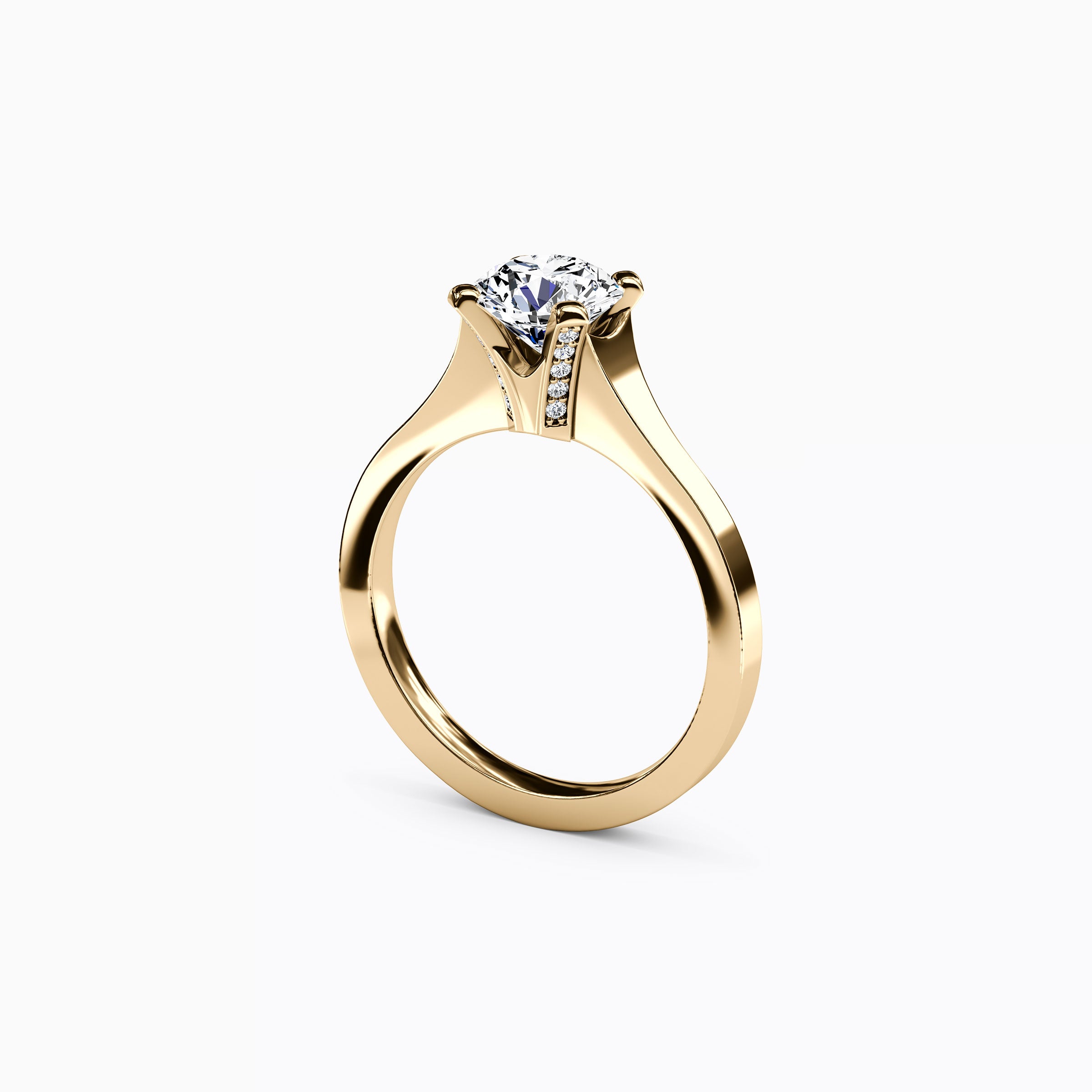 Bague de fiançailles solitaire en or 18 carats, sertie d'un diamant pavé et à monture conique.