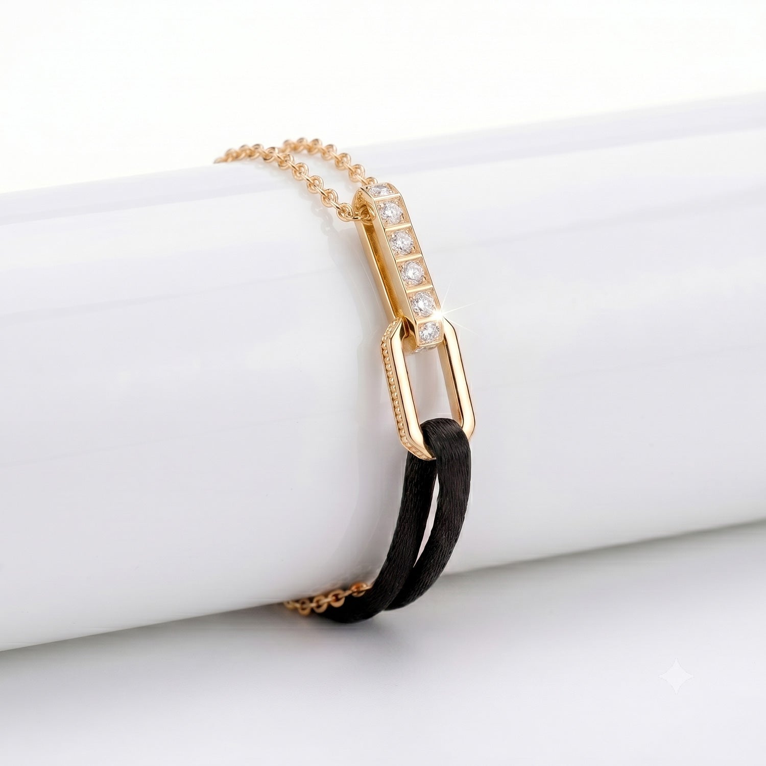 Gold Chain with Black Satin Lanyard Bracelet 18K Gold | Diamonds