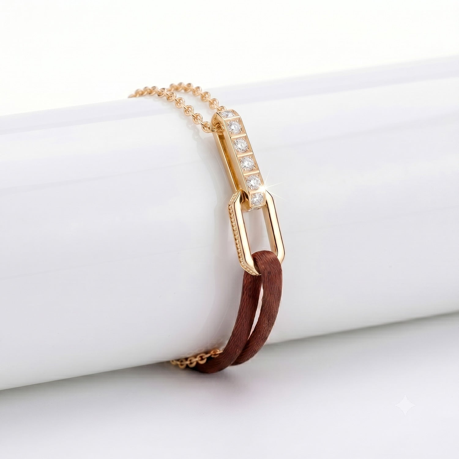 Gold Chain with Brown Satin Lanyard Bracelet 18K Gold | Diamonds