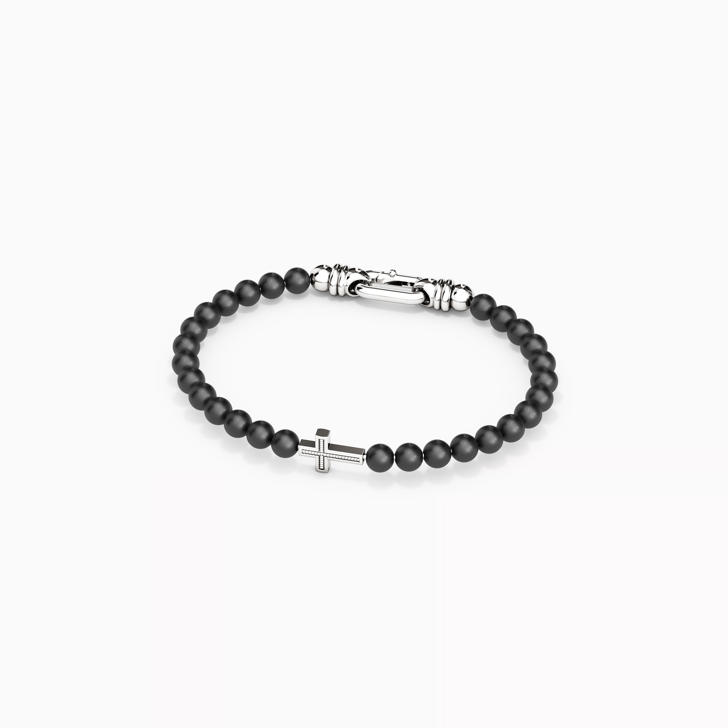 Bracelet croix en argent sterling avec perles d'onyx de 6 mm