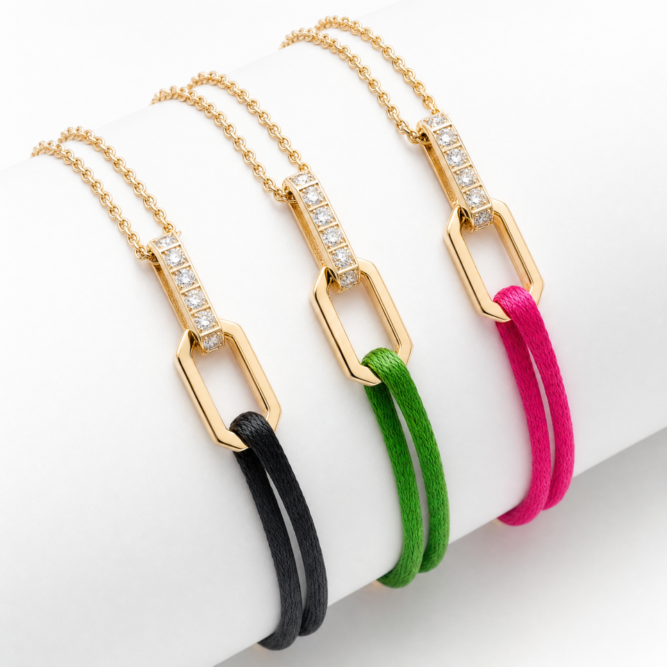 Chaîne en or avec cordon en satin, bracelet en or 18 carats | Diamants
