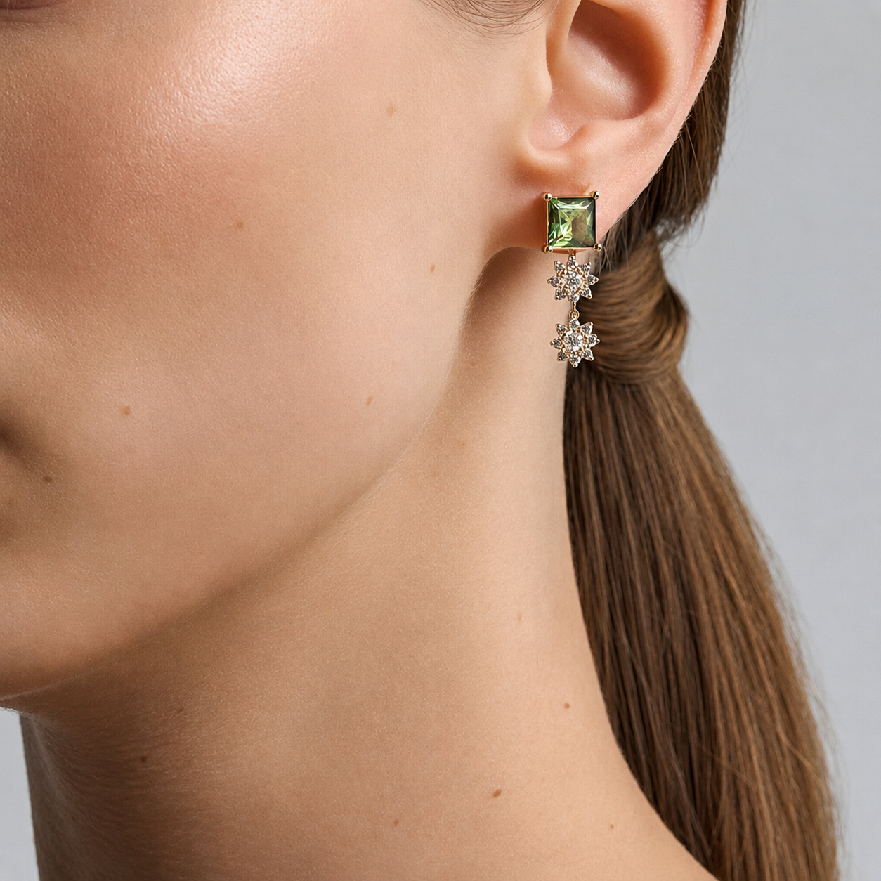 Green Sapphire & Diamond Earrings | 14K Gold