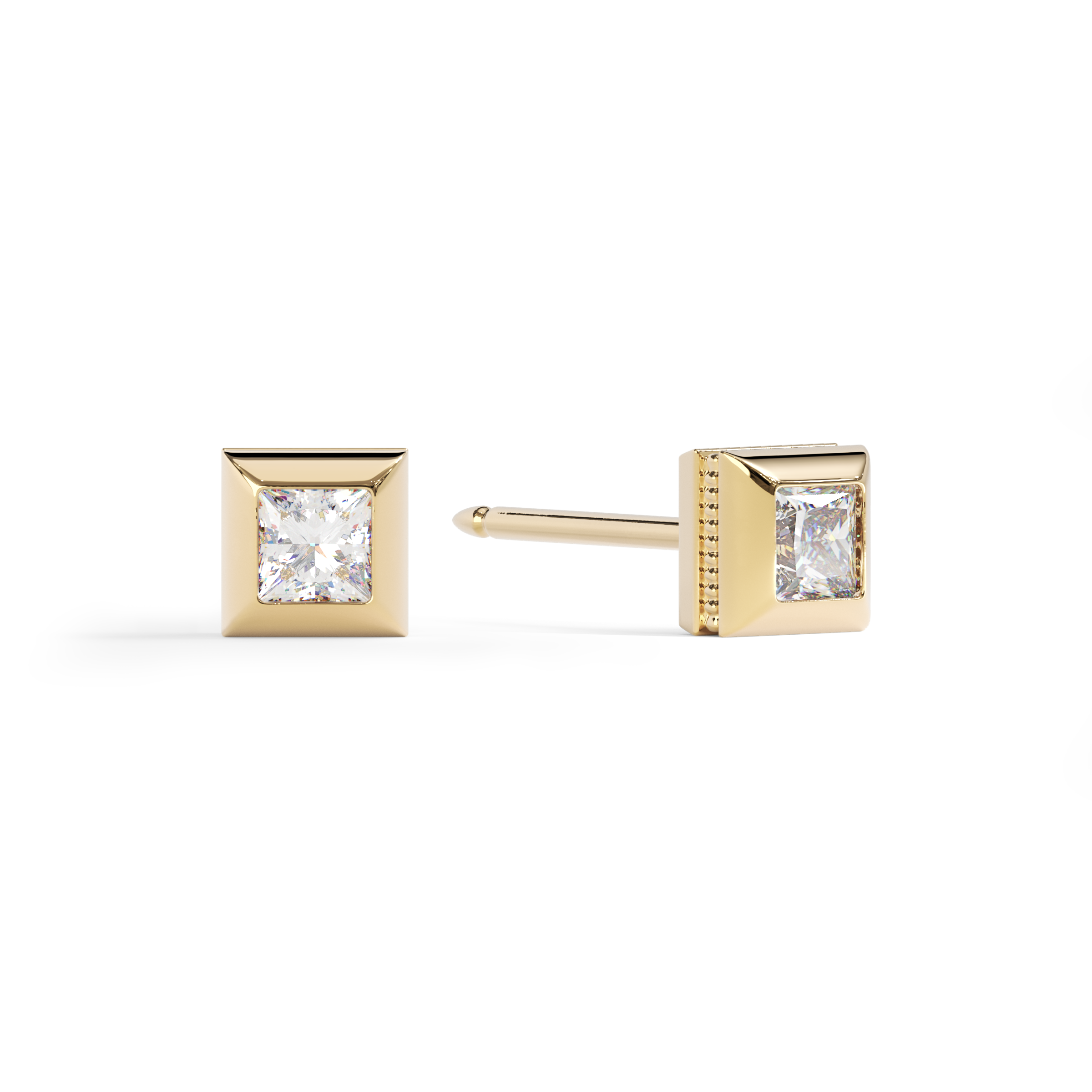 Geometric Textured Edge Stud Earrings | 18K Yellow Gold with Diamonds
