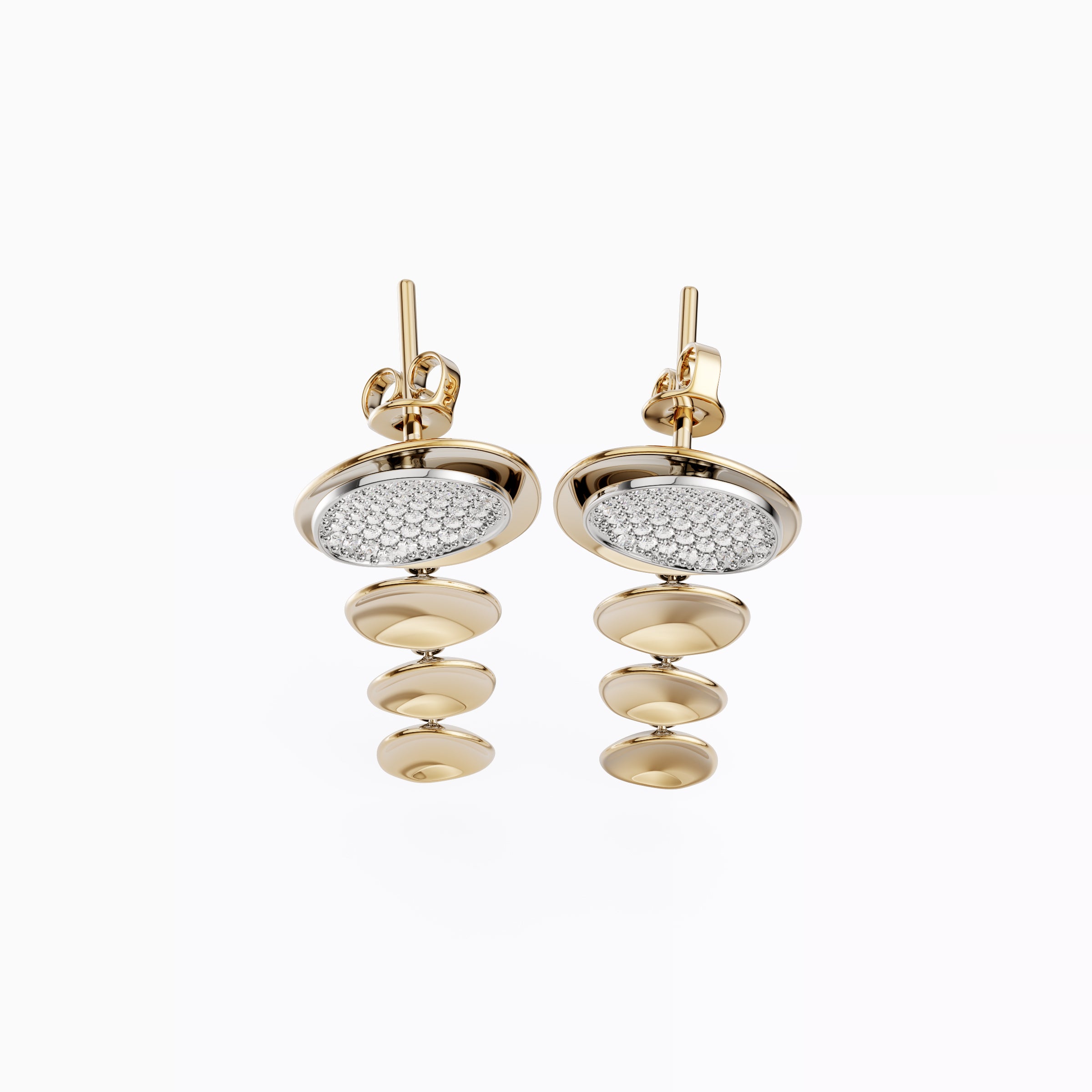 Boucles d'oreilles pendantes bicolores en or 18 carats et platine, serties de diamants flottants
