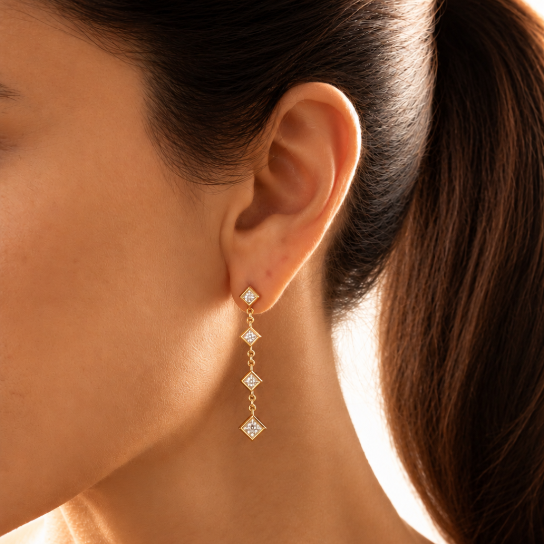 Diamond Cascade Triangle Dangle Earrings | 18K Gold