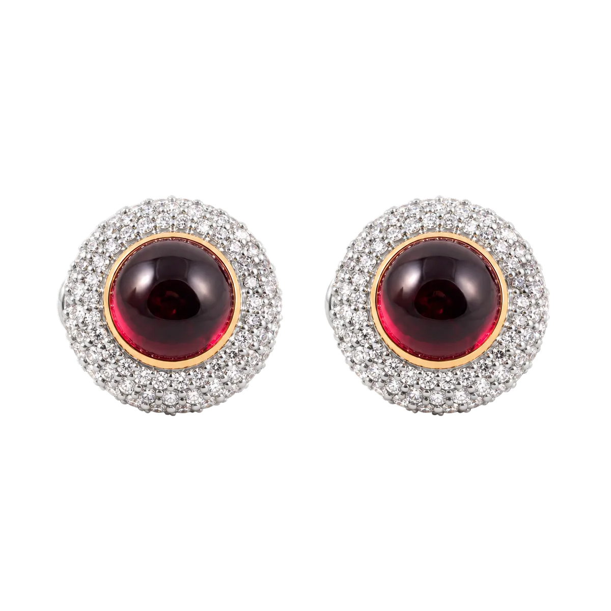 Puffed Diamond Halo Rhodolite Earrings | Yellow Gold and Platinum