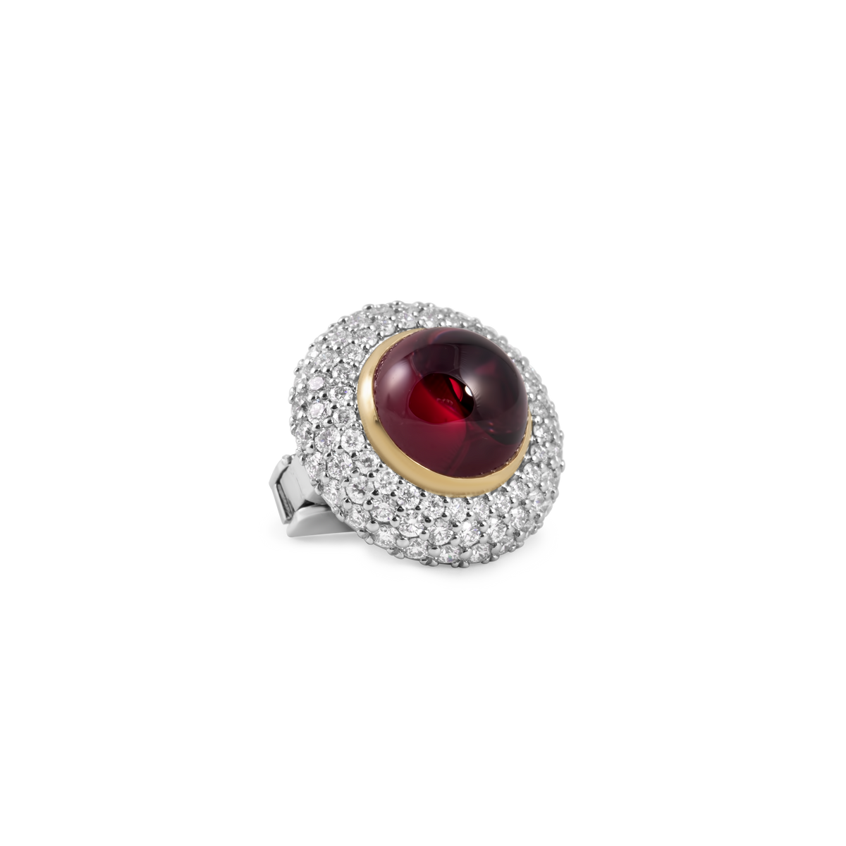Puffed Diamond Halo Rhodolite Earrings | Yellow Gold and Platinum