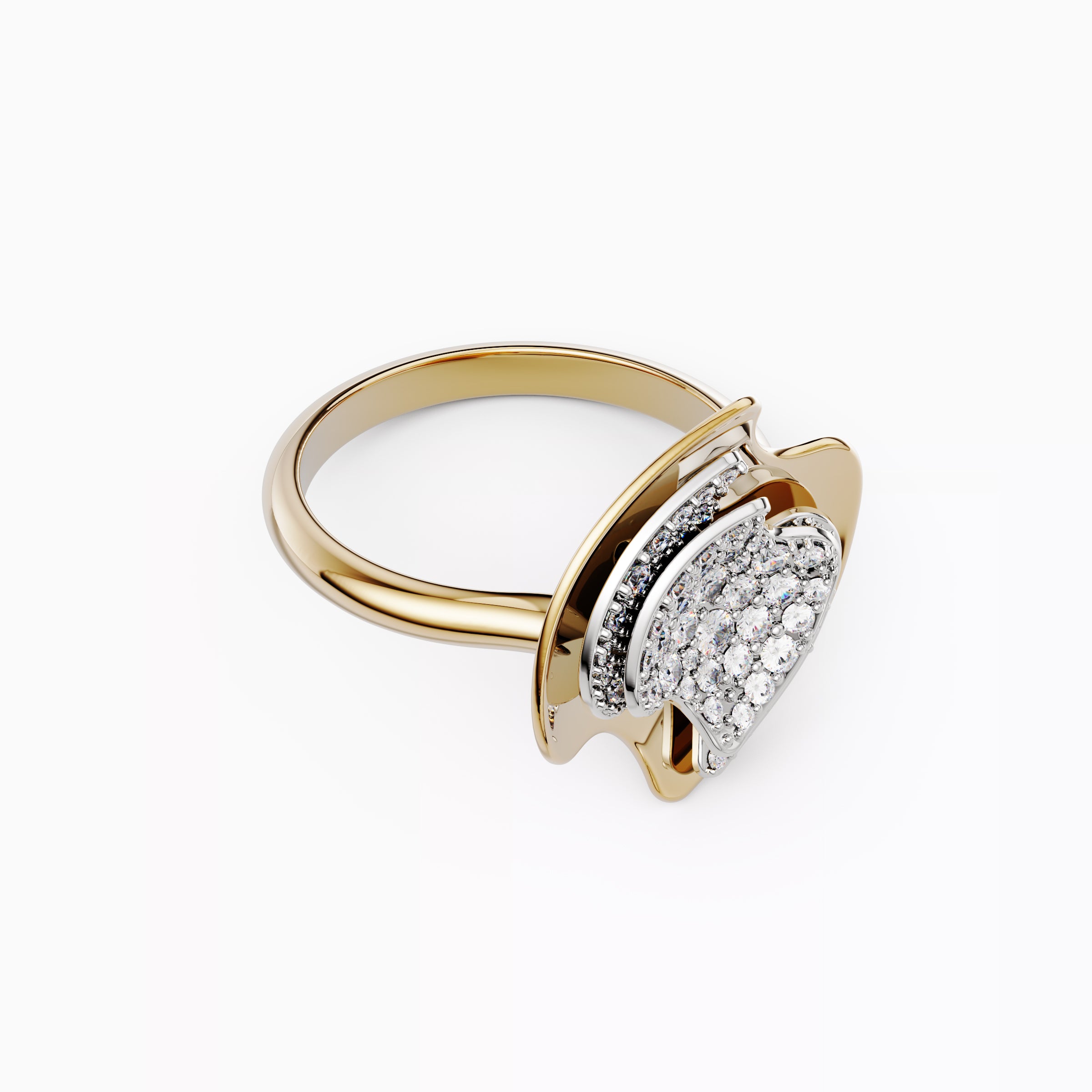 Bague chevalière bicolore en or 18 carats et platine, sertie d'un diamant flottant