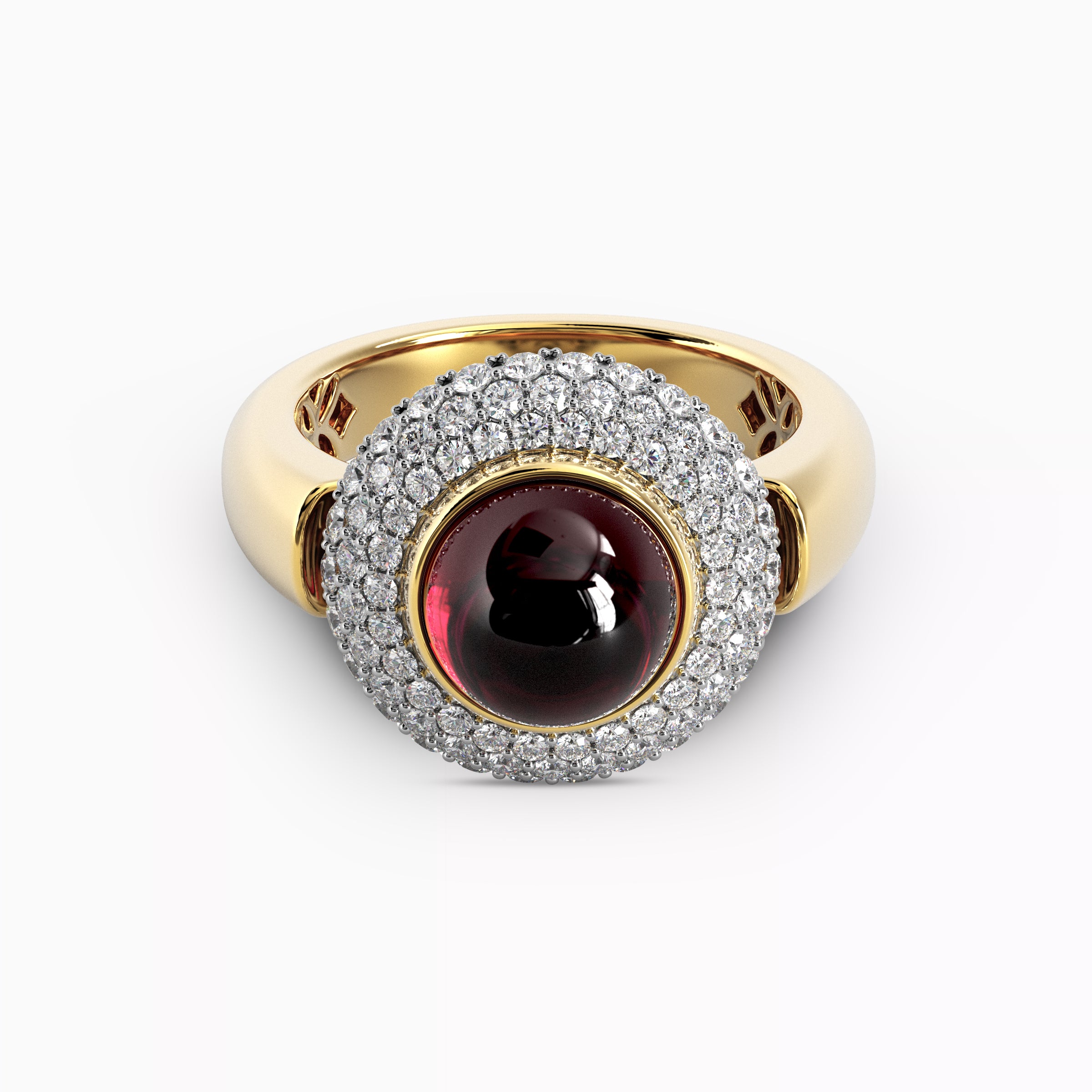 Bague en rhodolite sertie d'un halo de diamants bombés | Or 18 carats et platine