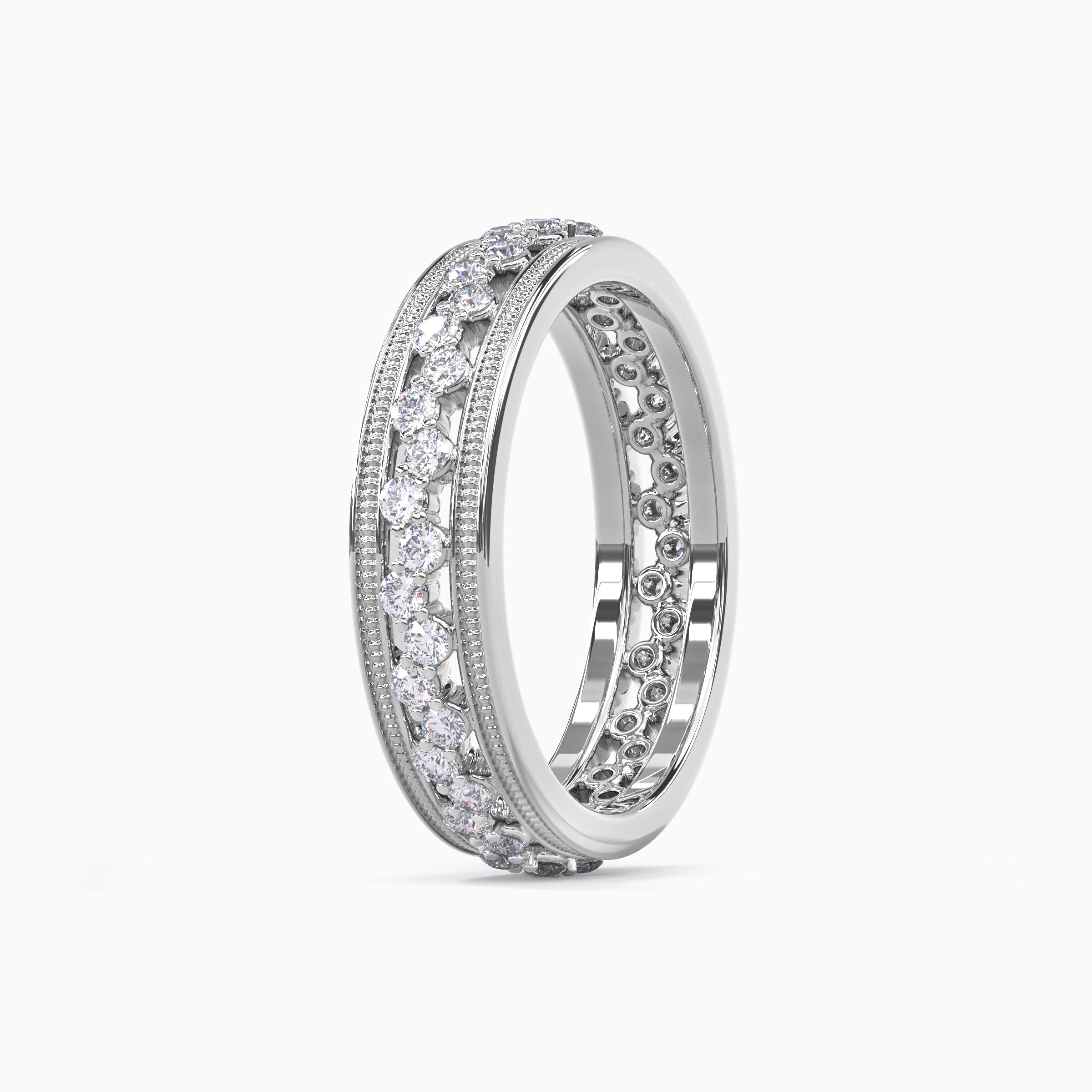 Alliance asymétrique en platine avec diamants et finition millegrain