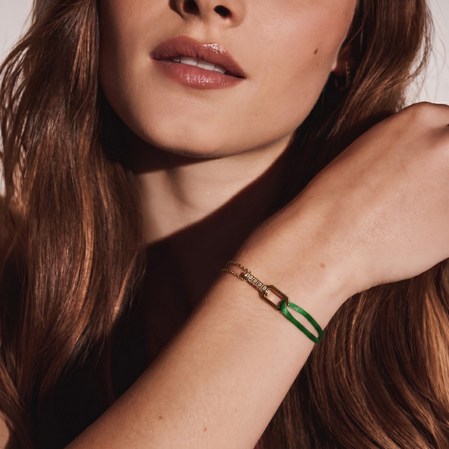 Gold Chain with Green Satin Lanyard Bracelet 18K Gold | Diamonds