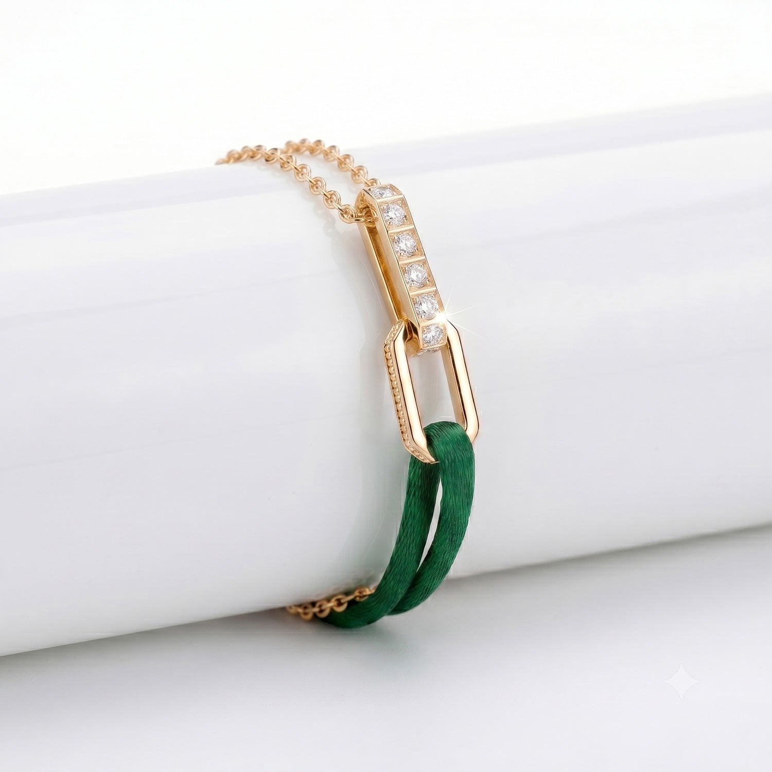 Gold Chain with Green Satin Lanyard Bracelet 18K Gold | Diamonds