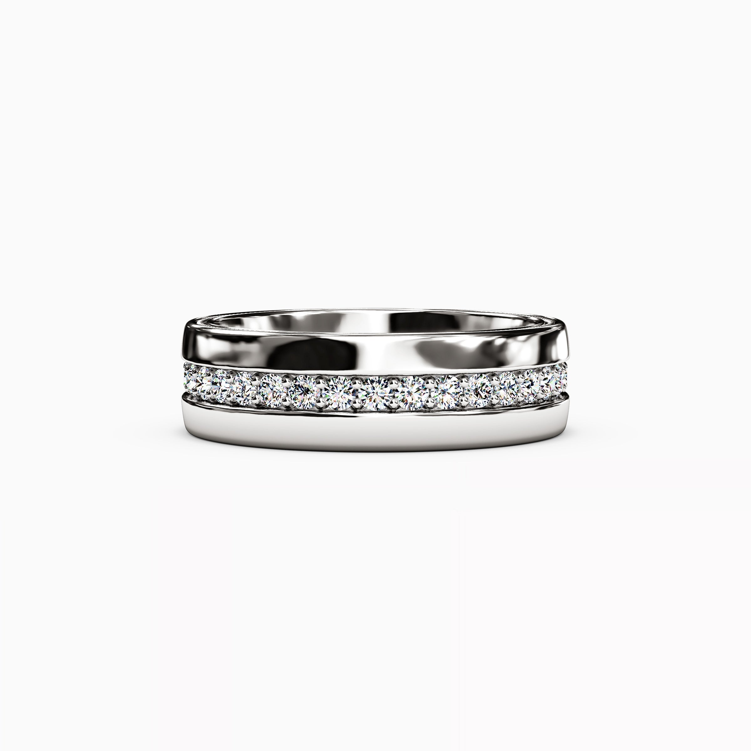 Alliance homme en platine avec diamants et sertie d'une rangée de diamants et d'un motif millegrain.
