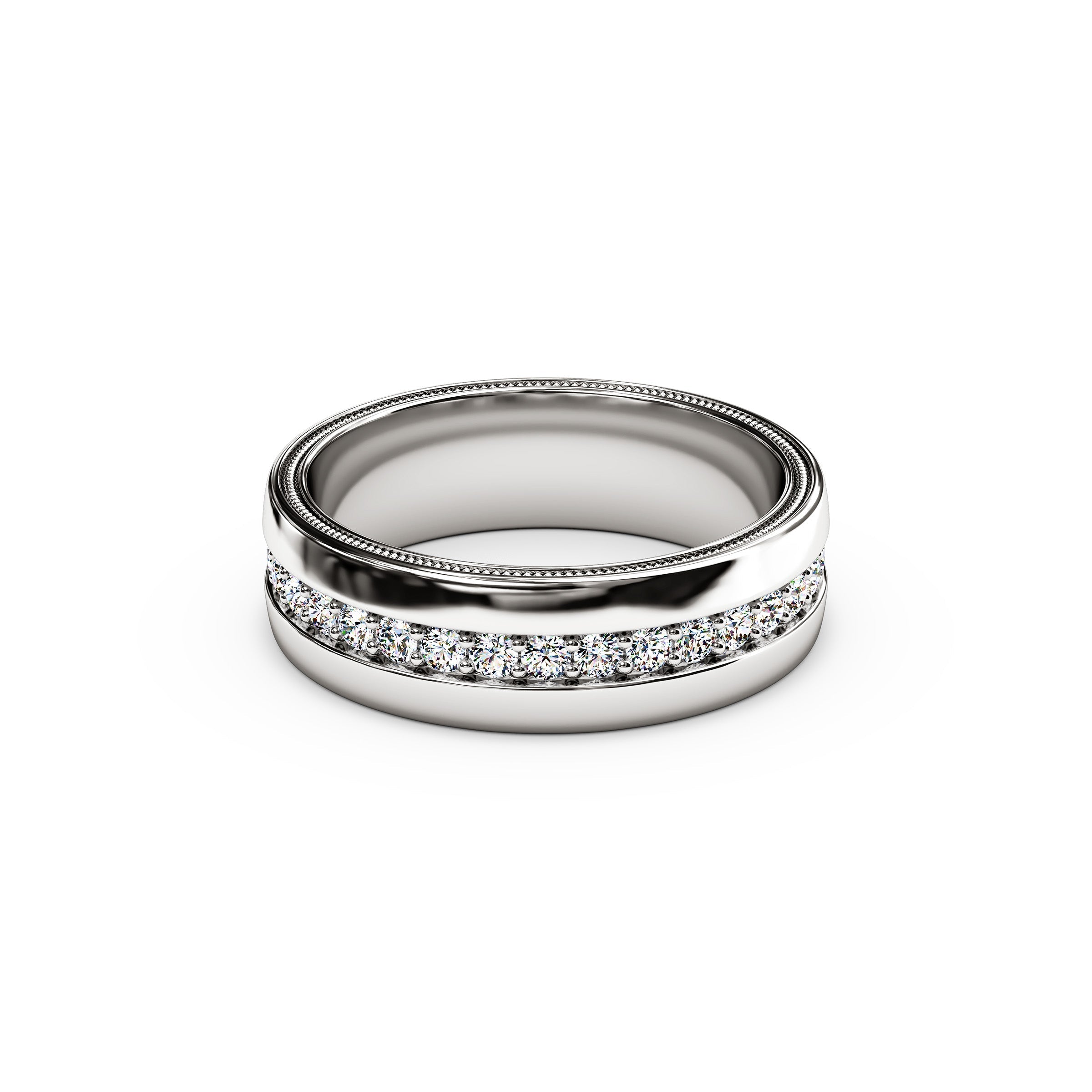 Alliance homme en platine avec diamants et sertie d'une rangée de diamants et d'un motif millegrain.