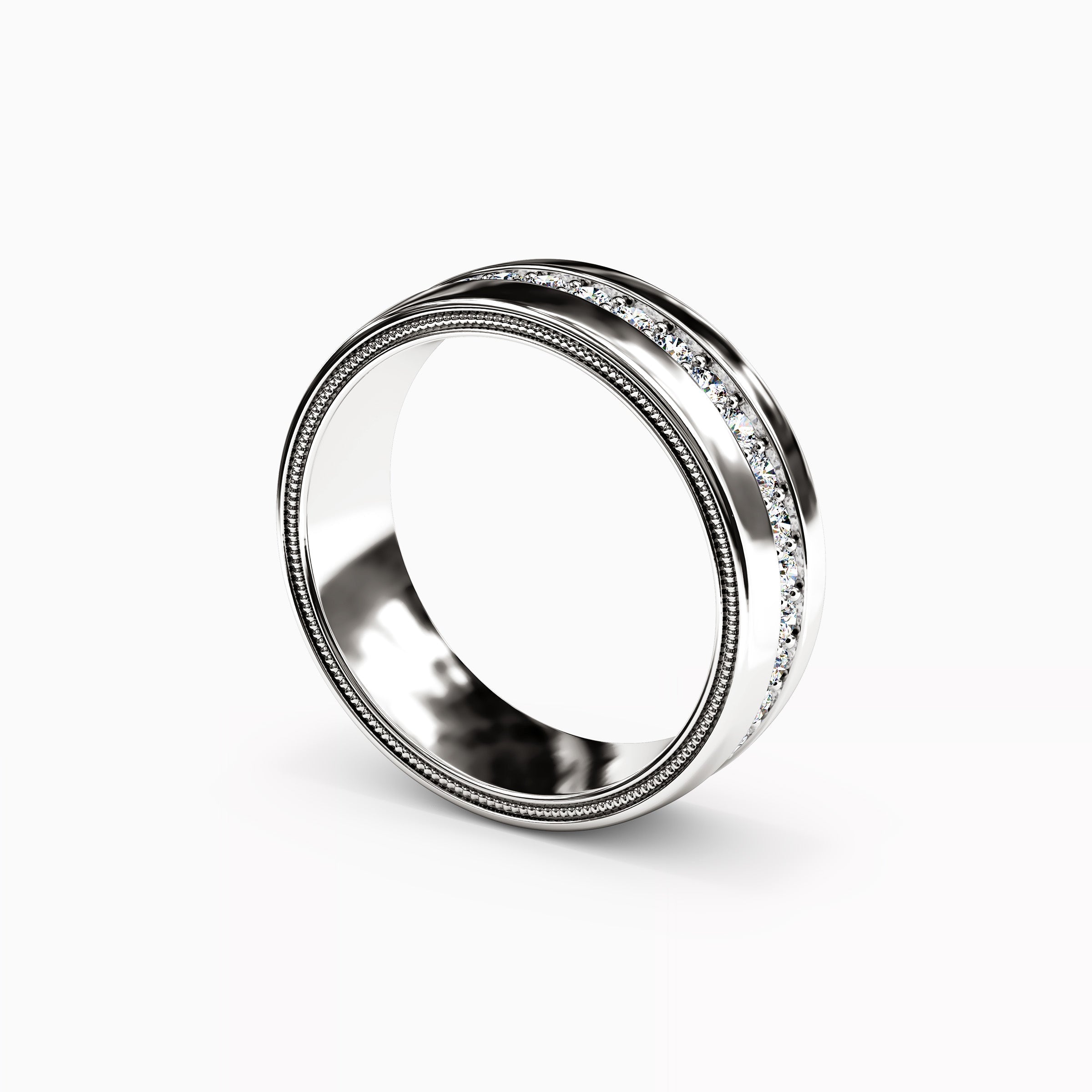 Alliance homme en platine avec diamants et sertie d'une rangée de diamants et d'un motif millegrain.